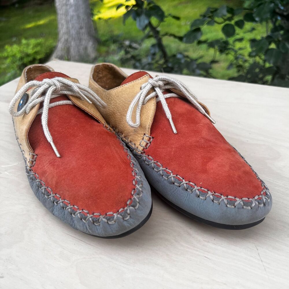 Moccasins Hush Puppies Aztec Design Leather Women 10 Beige Lace Boho Flats Shoe
